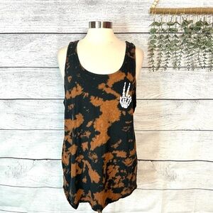 3/$22🩶  Reverse Tie Dye Skeleton Peace Sign Hand Peaceful Dead Tank Top Women XL